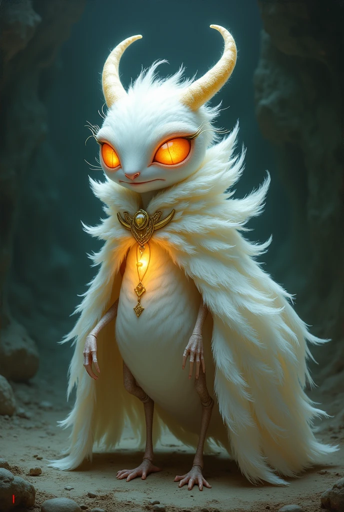 I want you to create a character for me that has the characteristics of the style of a video game called Hollow Knight that adopts a drawing style influenced by Tim Burton with the following words:
It is a moth that was a small creature shaped like a cocoon instead of a head..., covered with hairy feathers of a bright white color. His eyes had an orange glow that reflected like flashes of light., While his little sideburns and thin legs gave him an adorable appearance.. A faint aura of light enveloped him as if he were a faint cloud....
Who was wearing a cape??,The cape has a striking and unique appearance.. Made of feathers and essence., The cloak was woven with skill and precision...The colors and designs of the cape reflected the very essence of The Flash.., as well as the soft and smooth texture of its feathers.. Wrapping the wearer, The cape fit him perfectly and covered him completely..., like a second skin that protected him from darkness and infections.