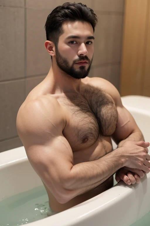 ((best quality)), ((masterpiece)), (detailed), perfect big detailed hairy plump muscle man in bath , beard, dark skin color, skinhead, Japanese men,