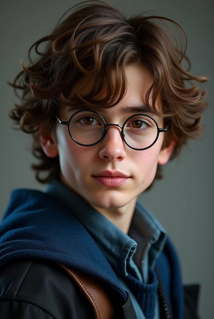 (photorealism:1.2), hogwarts ravenclaw male student, wearing glasses, brown wavy curtain hairstyle, brown eyes