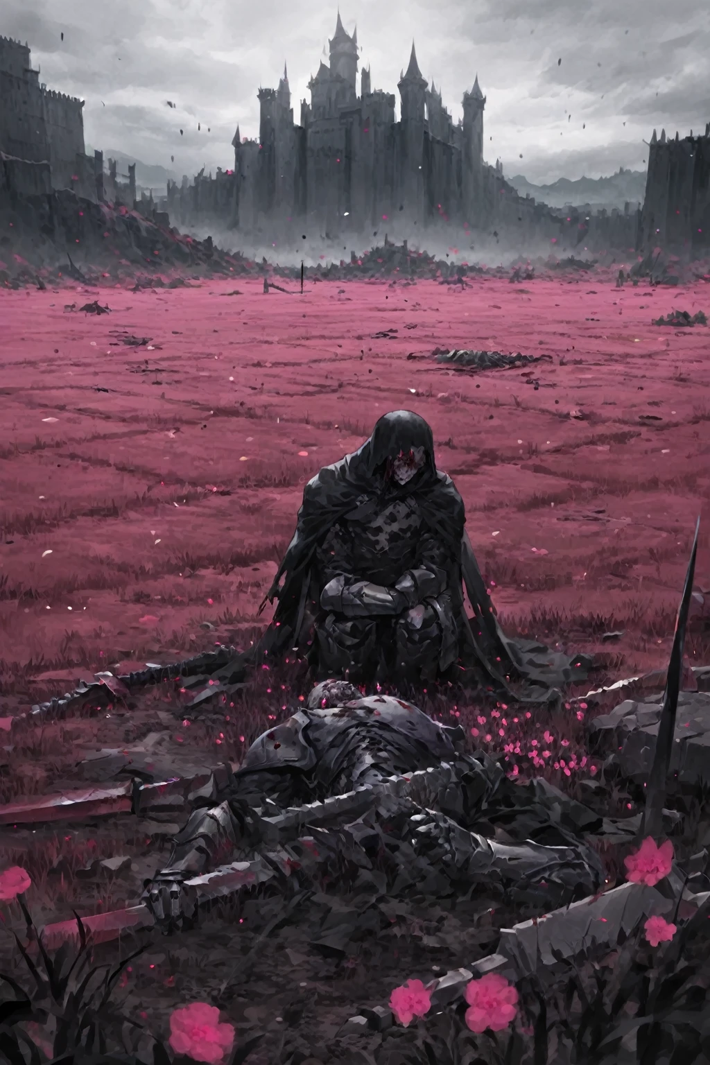 Artwork, excessive brutalism, field of battle, broken weapons, fallen bodies, caped knight on his knees mourning the death of another knight, knights fallen to the ground defeated, pink flowers, (dreamy landscape), stunning landscape, castle in the background, dark scenery, blood spots, rosas de blood spots