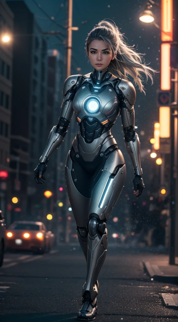 ((filmgrain, Bokeh, Light particles ,Dust particles, Extreme camera angles.)), Dynamic pose, Full body photo of a young attractive broken cyborg woman, eye brows up, Night, the street lights, Gray hair,bulge, (kicking)