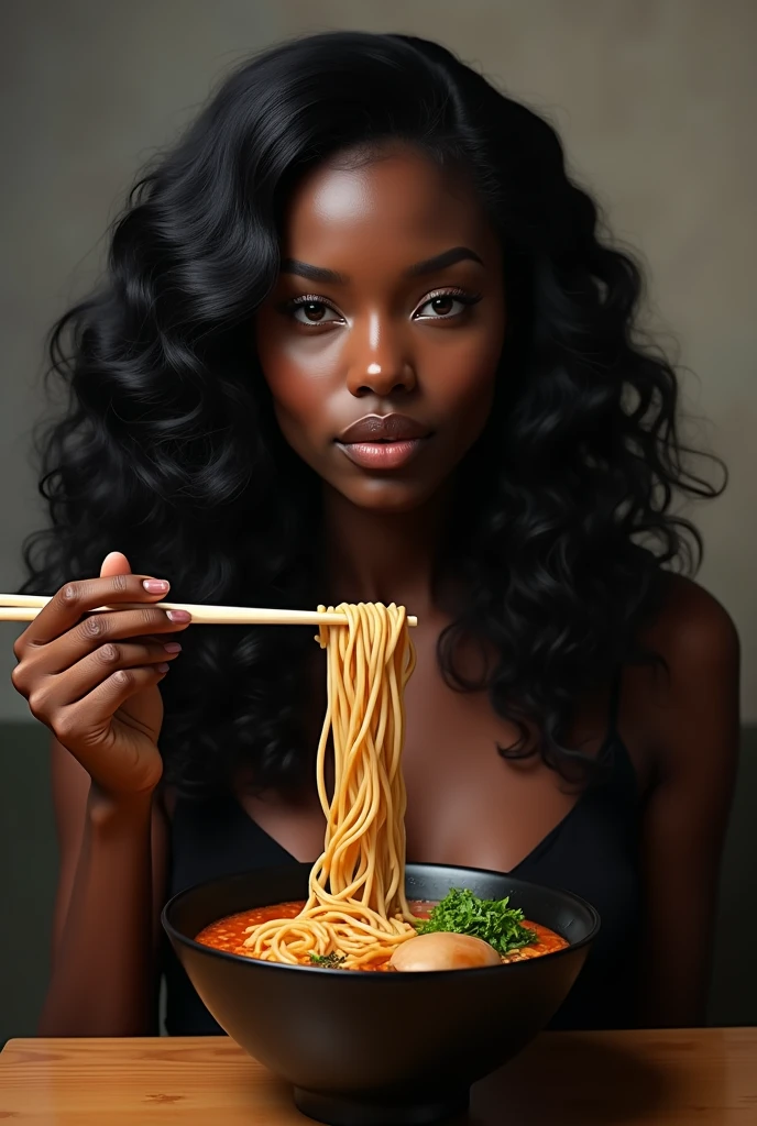 there is a black woman , the woman has curly black , she has brown skin, with dark brownish skin, with long curly, long black curly hydrated bouncy curls hair she has ramen noodles I front of her and she is holding the chopsticks 🍜