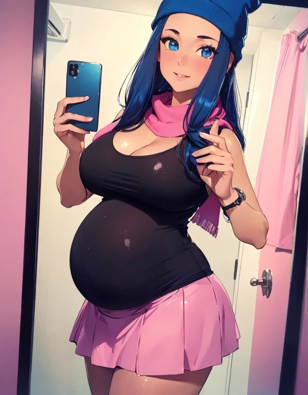 (best quality,4k,8k,highres,masterpiece:1.2),ultra-detailed,(realistic,photorealistic,photo-realistic:1.37)highres,portrait,beautiful pregnant girl,taking a selfie in a public bathroom mirror, full body,glossy reflection,\(pokemon\), beanie, long hair, blue hair, blue eyes, detailed eyes, beautiful eyes, black sleeveless shirt, pink scarf, pink skirt, pink boots, body shape, third trimester of pregnancy, down blouse,[metallic mirror],vibrant colors,soft lighting,hint of mystery,subtle smile,stylish outfit,impressive attention to facial details,expressive eyes,luscious lips,long eyelashes,shiny hair flowing down,urban backdrop,modern ambiance