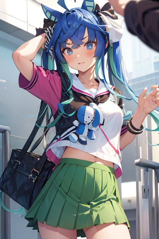 ((((sexy))))ツインターボ, 1girl, breasts, skirt,  1boy, school uniform, hetero, censored, serafuku, solo focus, bag, pillow, pov, stuffed toy, stuffed animal, green skirt, school bag, teddy bear, ooarai school uniform, id card, skirt removed