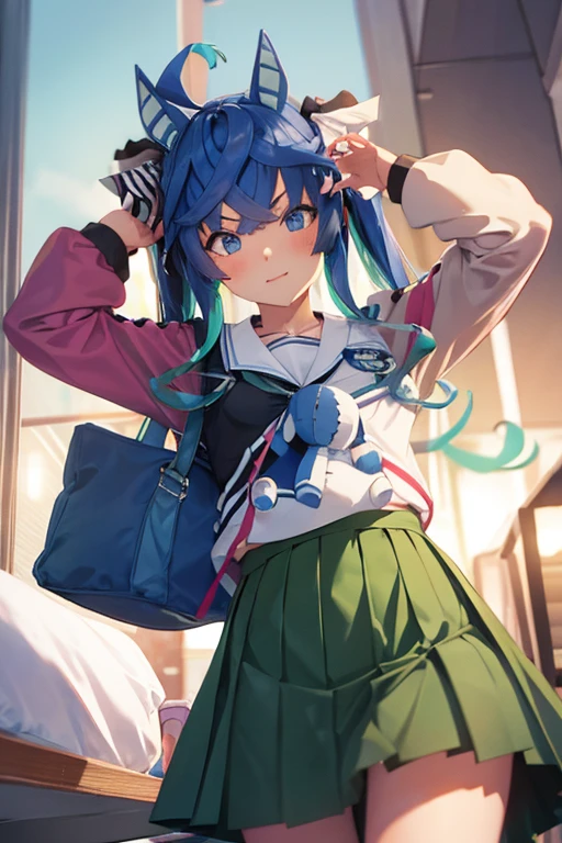 ((((sexy))))ツインターボ, 1girl, breasts, skirt,  1boy, school uniform, hetero, censored, serafuku, solo focus, bag, pillow, pov, stuffed toy, stuffed animal, green skirt, school bag, teddy bear, ooarai school uniform, id card, skirt removed