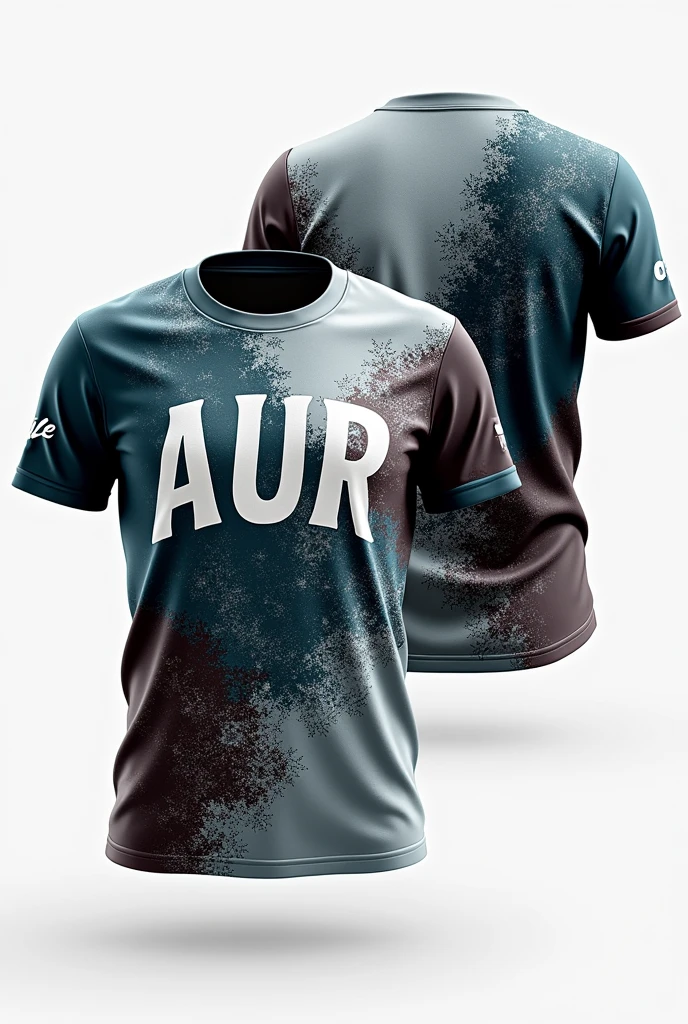 I mean, shirt with "AUR" at the front and the back is "role" and the color must "gray, little of black, teal, blue, and maroon" and the design like slash of snow flakes