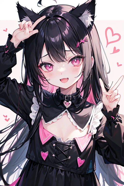 Thinned black hair、Messy hair、Make a peace sign、Black fluttering clothes、cute、Stylish、Black cat ears、Wearing a collar、magic、Fantasy、Hearts fly、pink、Taunt、bright、Stupidly、Open your mouth and laugh、Has some fangs