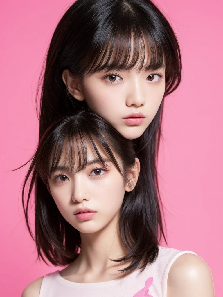 (masterpiece), (highest quality), (Super detailed), (messy hair), (shape), (one japanese girl), (fashionable clothes), Are standing, Fashion Model, (interview), (simple black and pink background), fine and beautiful eyes, delicate beautiful face, floating, (high color saturation),  focus on face, ponytail, black hair, bangs,floating Hairs, (shining), best writing, best shadow,stylish living room