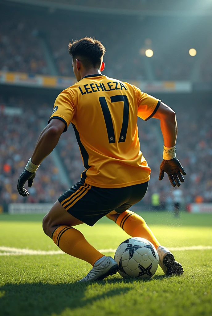 A goalkeeper struggling holding a ball written LEEHLEZA on his back