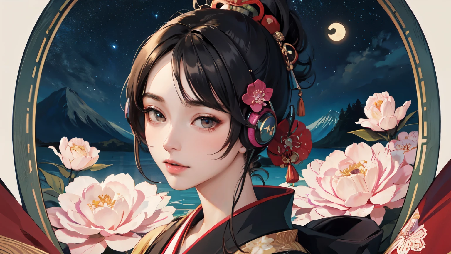 (Highest quality, 8k, masterpiece, High resolution), (whole body), Vibrant colors, Japanese style headphones,
Brown-black bob, Traditional topknot, Ample breasts, (Highly detailed face and eyes, Beautiful Face, Beautiful Eyes, Beautiful nose, Pretty lips), Official Art, Ukiyo-e style, (Beautiful woman in kimono), (Vivid floral patterned kimono), background, river, bridge, Mountain, wood, Starry Sky, moon, Detailed CG, (close up),