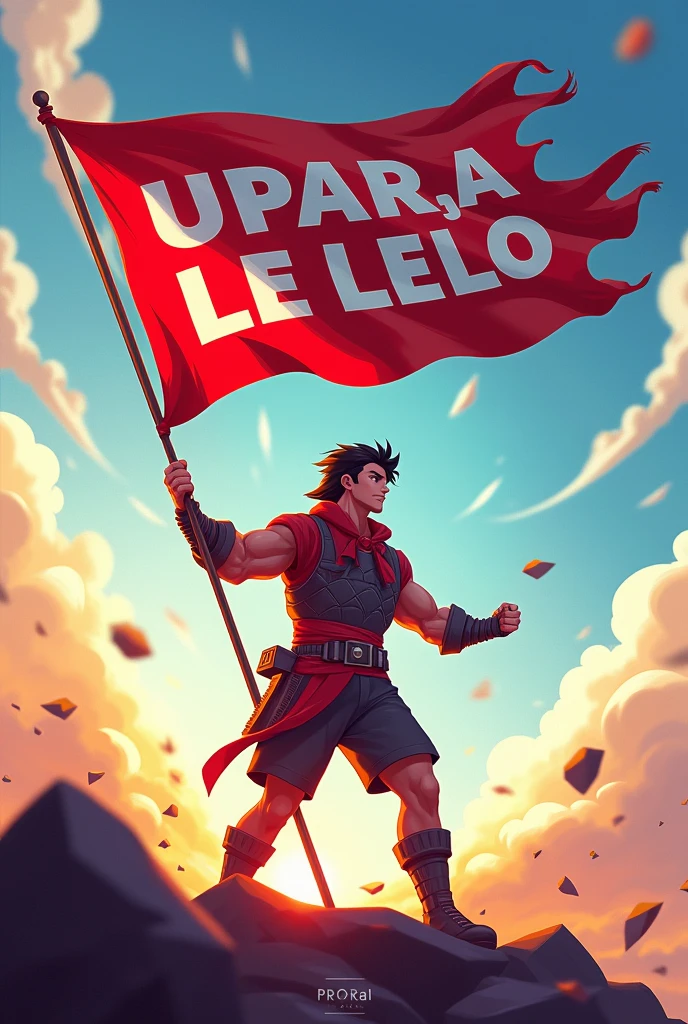 Create a banner of a player holding a flag with UPARALeLeLo written on it