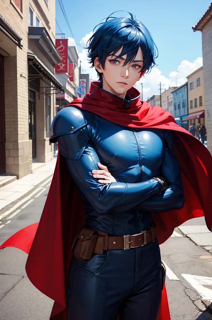 man, short blue hair, red eyes, blue hero cape, daytime scene, happy
