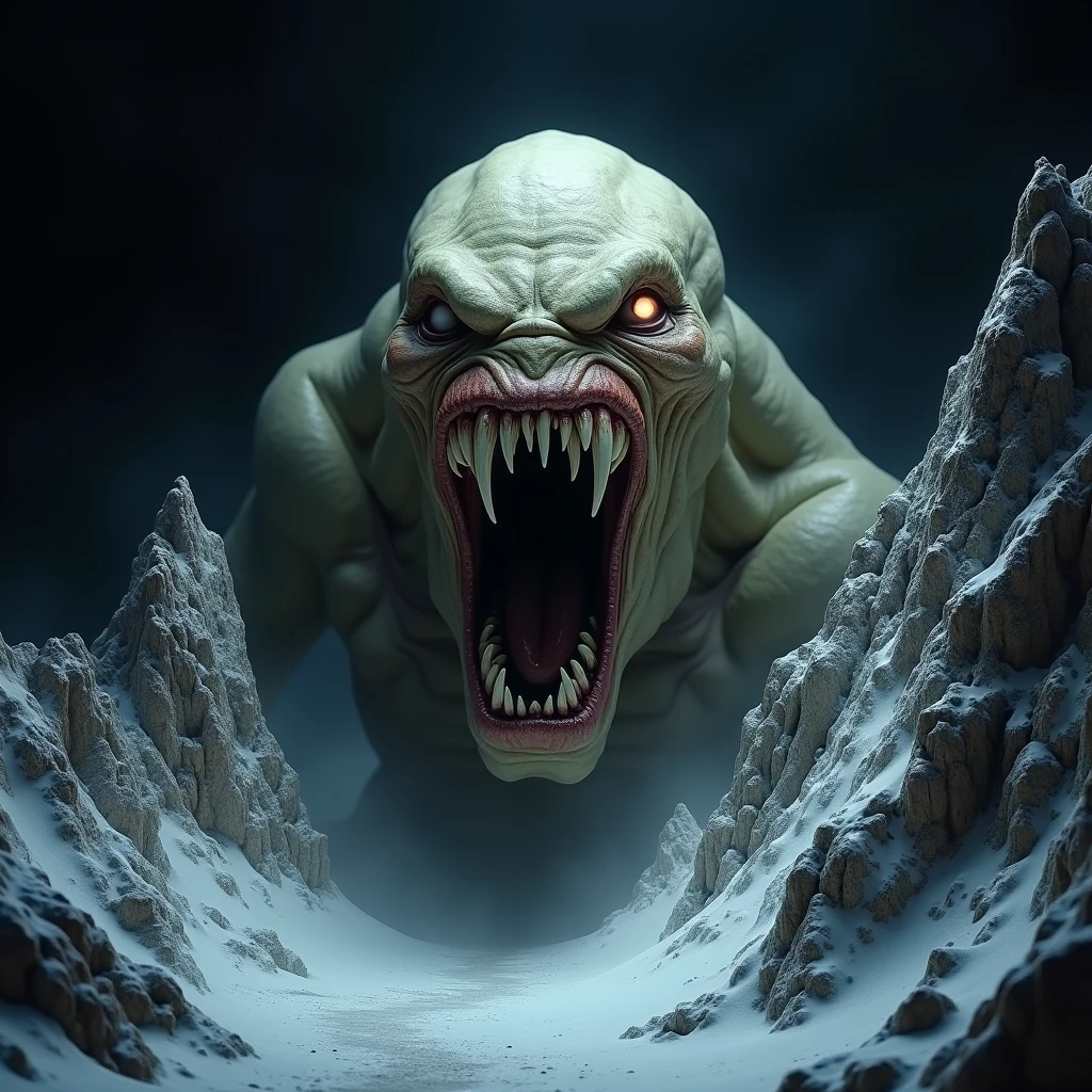 Monster head coming out of mountain on a black background