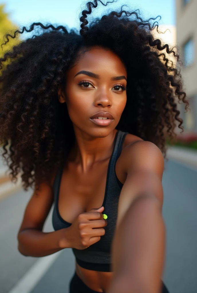 there is a black woman , the woman has curly black curly, she has dark skin, with dark brownish skin, with long curly, long black curly hair she is taking a selfie whilst going on a run