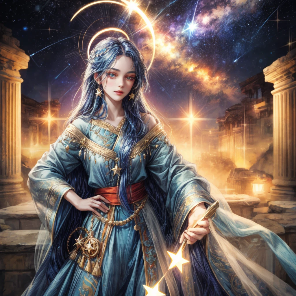 A woman with blue long hair and orange pupils, wear an ancient clothes and have a star halo, there's a shooting star on her body, and bring a star
