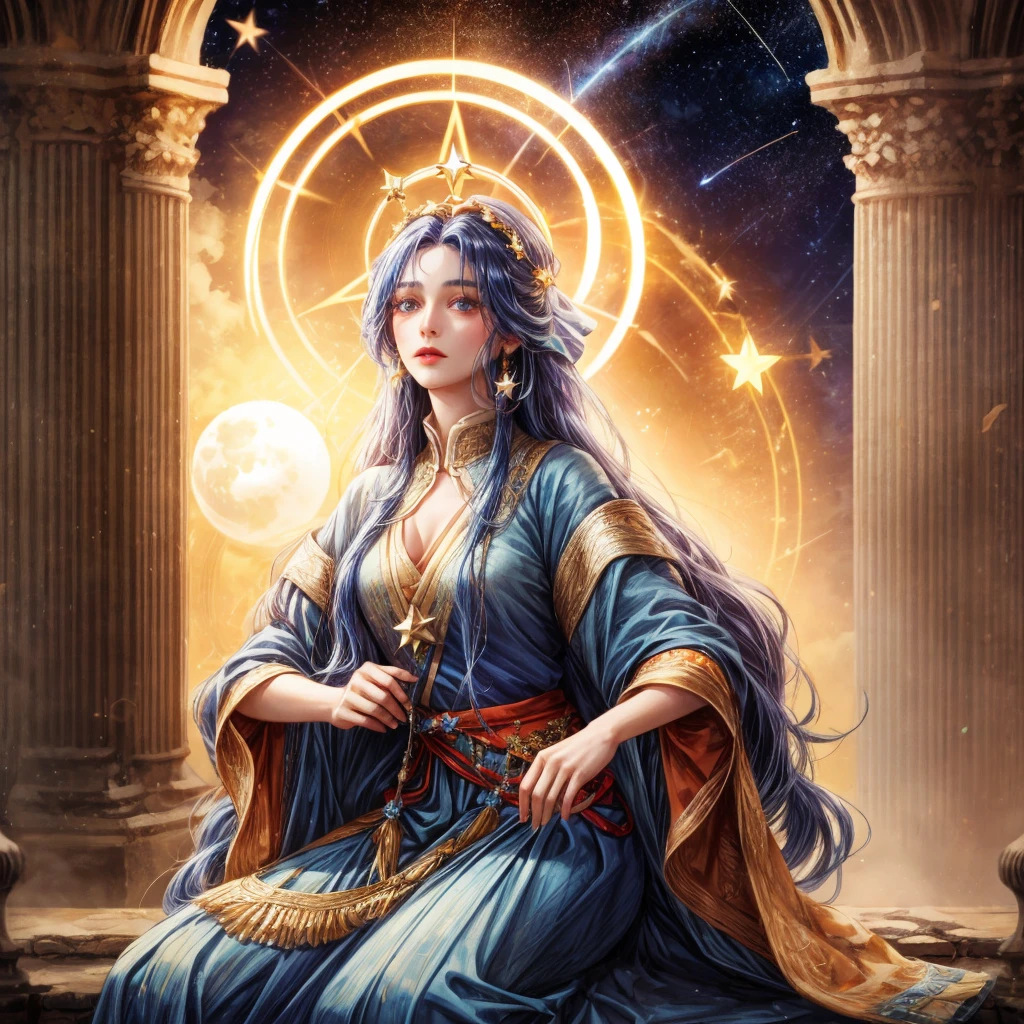 A woman with blue long hair and orange pupils, wear an ancient clothes and have a star halo, there's a shooting star on her body, and bring a star