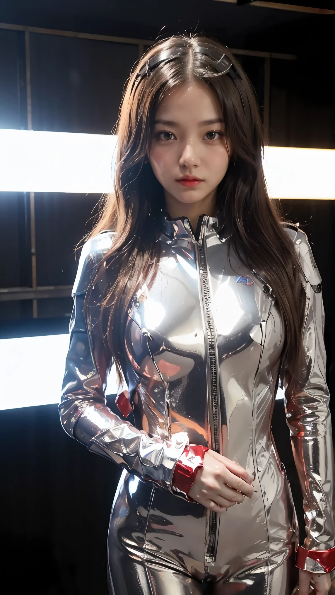 Kingohger、realistic、realistic、cinematic lighting, Girl in a shiny red and silver suit、、professional photos、Don'Do not expose your skin, japanese model, japanese cgi、Ultraman Suit、, Power Rangers Suit、tight and thin cyber suit,Whole body rubbery、There's pink There、 delicate body, big breasts、small ass、thin thighs、thin arms、thin waist、camel toe、Both sides of the cyber suit stick to the skin、Big eyes、black short hair、facing the front、facing the front立っている、A glowing sphere is embedded in the chest.、Essay Examination、 blue sky background