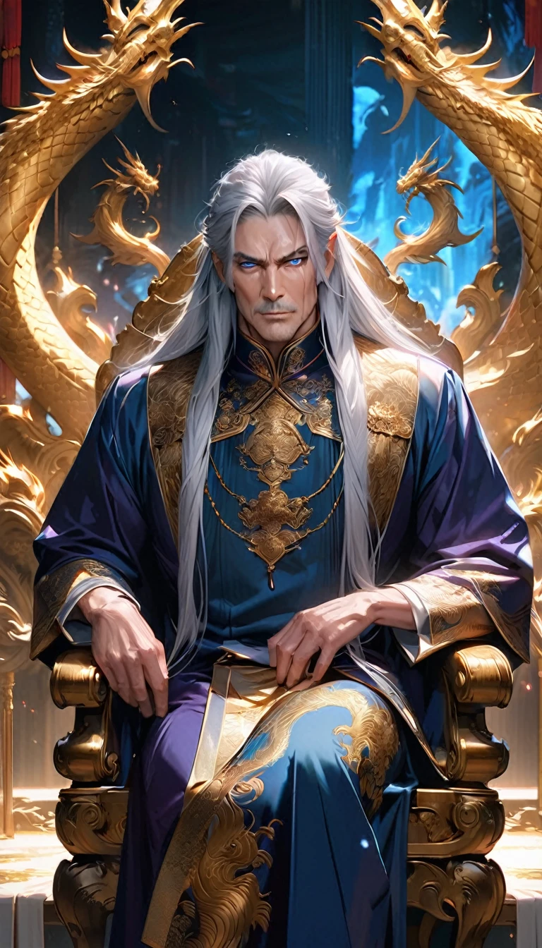 (art: 1.2), (best quality: 1.2) 1 man, mature, tall (2.00 cm), appears to be around 35 years old, has long silver-white hair, straight and shiny, with eyes of two different colors: the right eye is blue like ice, the left eye is pink, extremely detailed eyes, perfect eyes, extremely realistic eyes, well-aligned eyes, long eyelashes, anime style, perfect face, serious and majestic face, mature, fair skin, natural and balanced body, perfect hands, detailed hands, hands well-proportioned to the body, realistic hands, arms with good anatomy, wearing an emperor’s Chinese attire decorated with gold and silver, featuring dragon patterns that look very beautiful and luxurious, sitting on a golden chair with dragon carvings symbolizing leadership, detailed drawing of the chair, with a spectral image of a long Eastern dragon with intertwined purple and gold scales behind him, looking at the viewer, background scene is a Chinese-style pavilion hall, posing alone, looking at the viewer.