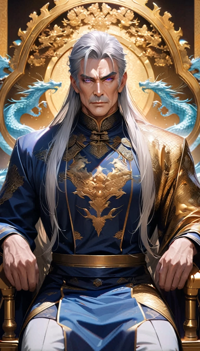 (art: 1.2), (best quality: 1.2) 1 man, mature, tall (2.00 cm), appears to be around 35 years old, has long silver-white hair, straight and shiny, with eyes of two different colors: the right eye is blue like ice, the left eye is pink, extremely detailed eyes, perfect eyes, extremely realistic eyes, well-aligned eyes, long eyelashes, anime style, perfect face, serious and majestic face, mature, fair skin, natural and balanced body, perfect hands, detailed hands, hands well-proportioned to the body, realistic hands, arms with good , wearing an emperor’s Chinese attire decorated with gold and silver, featuring dragon patterns that look very beautiful and luxurious, sitting on a golden chair with dragon carvings symbolizing leadership, detailed drawing of the chair, with a spectral image of a long Eastern dragon with intertwined purple and gold scales behind him, looking at the viewer, background scene is a Chinese-style pavilion hall, posing alone, looking at the viewer.