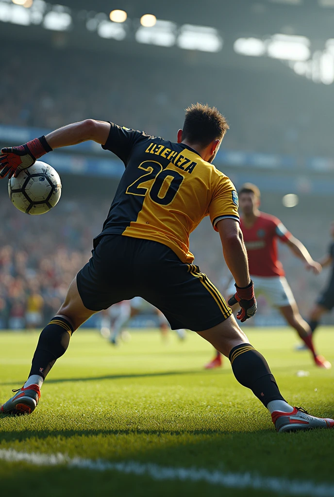 A goalkeeper struggling holding a ball written LEEHLEZA on his back