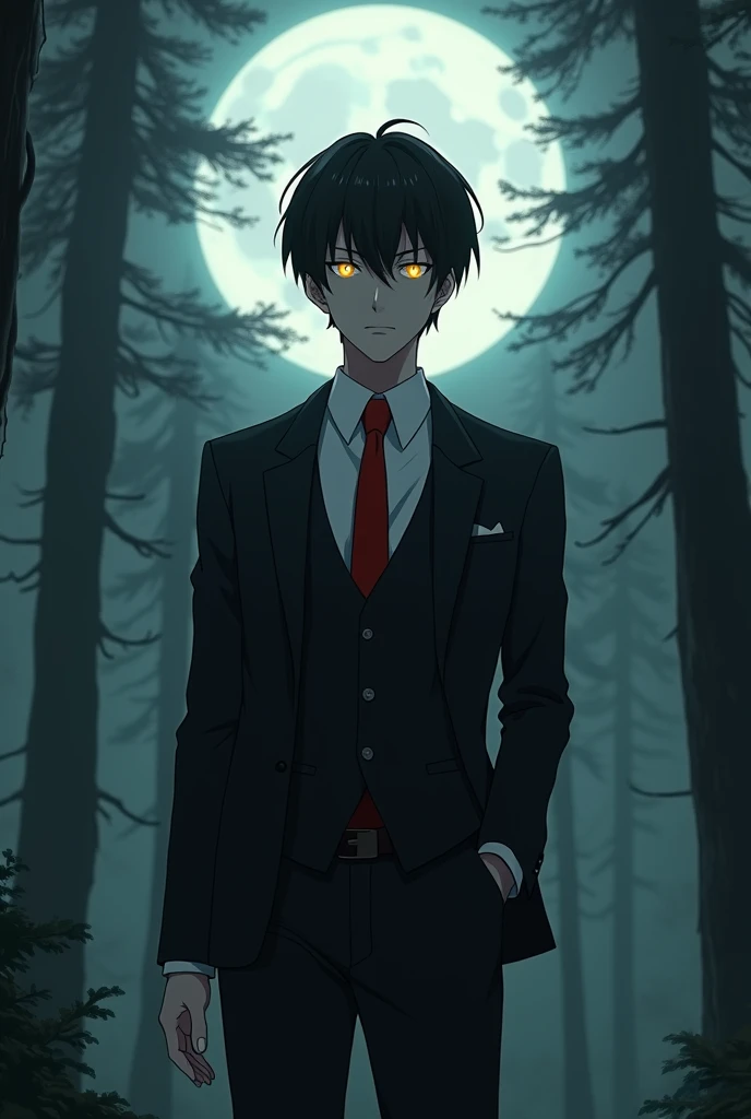 A handsome anime boy character who has black Akutagawa-style hair with bangs in a burnedead mashle-style suit with yellow eyes, black shoes and a white shirt with a red tie and black pants that look bad and dangerous with a background of a forest with fog and bright moonlight, bungou stray dogs version