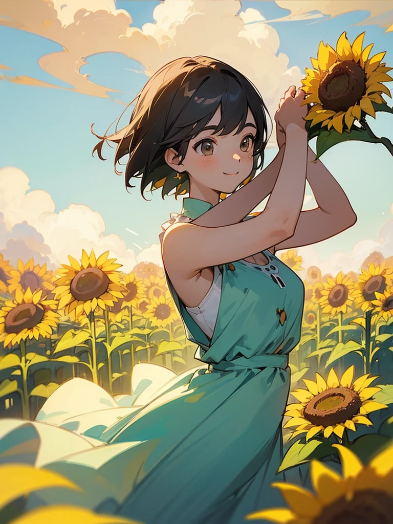 master piece, best quality, for below, cinematic angle, upper body , pigeon toed,
Anime-style Moe illustration, summer vacation theme, 20-year-old woman, sunflower field, short hair,
Picnic Maxi Dress, slightly inner thighs, smile, accurate drawing, Active pose, Active Angle,