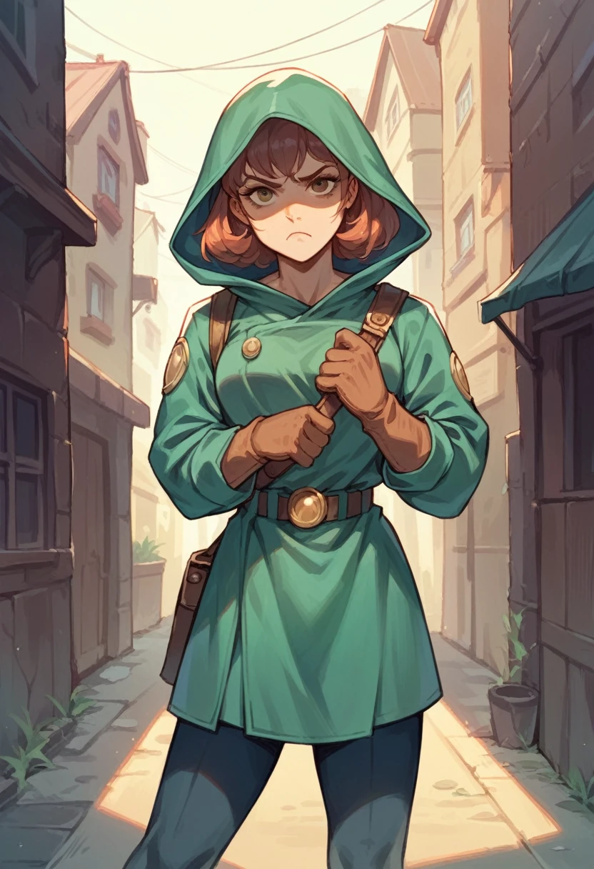 Ecchi magical soldier girl, located in back alley of fantasy town, looking at viewer nervously + frown, ((about to get raped by viewer))