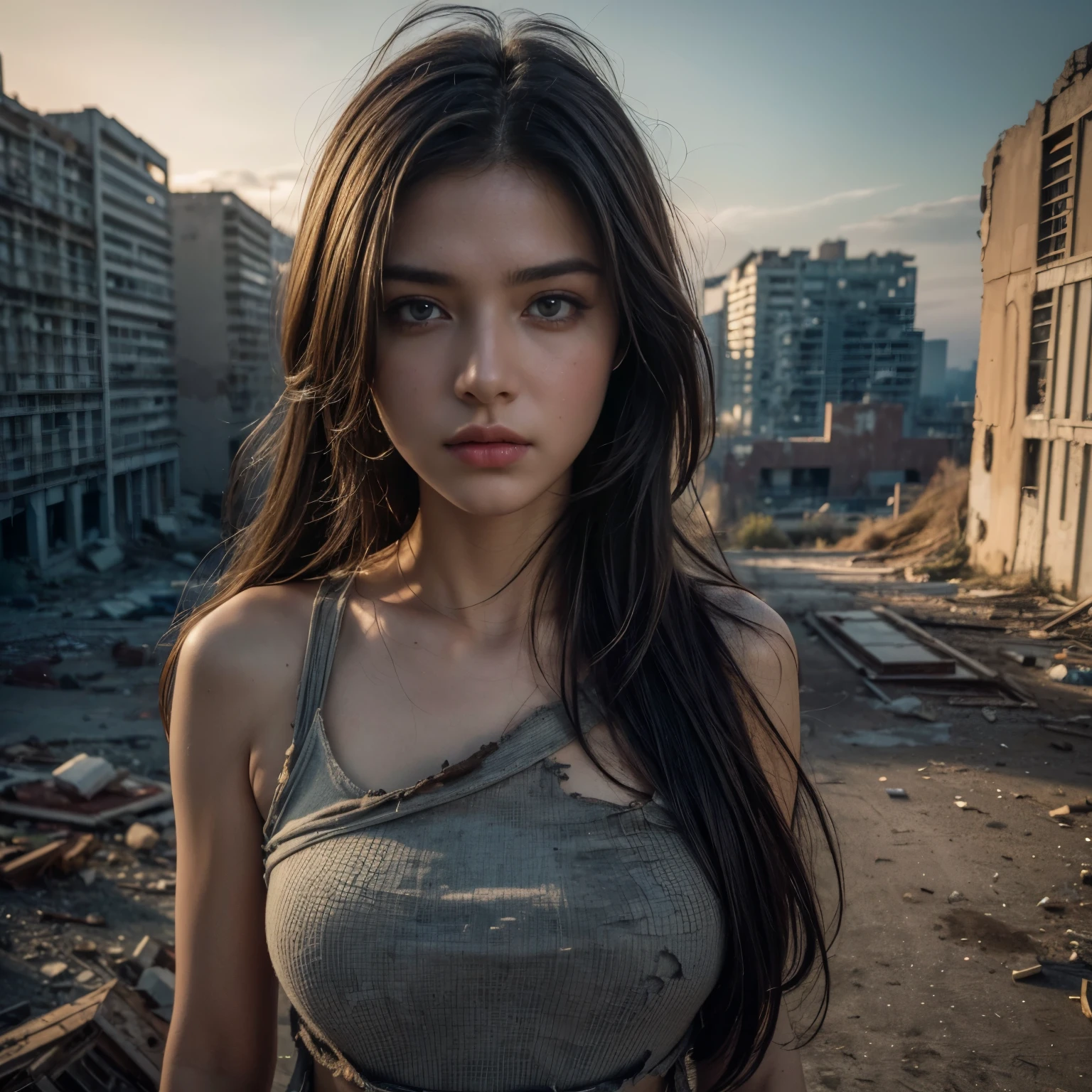 ((masterpiece, best quality, Highest image quality, high resolution, Reality, RAW photos, 8K)), Future city ruins,The post-nuclear world,Beautiful girl,Broken clothes,Pretty face,dirty,Closed mouth,dramatic,Mid-range portrait,dusk
