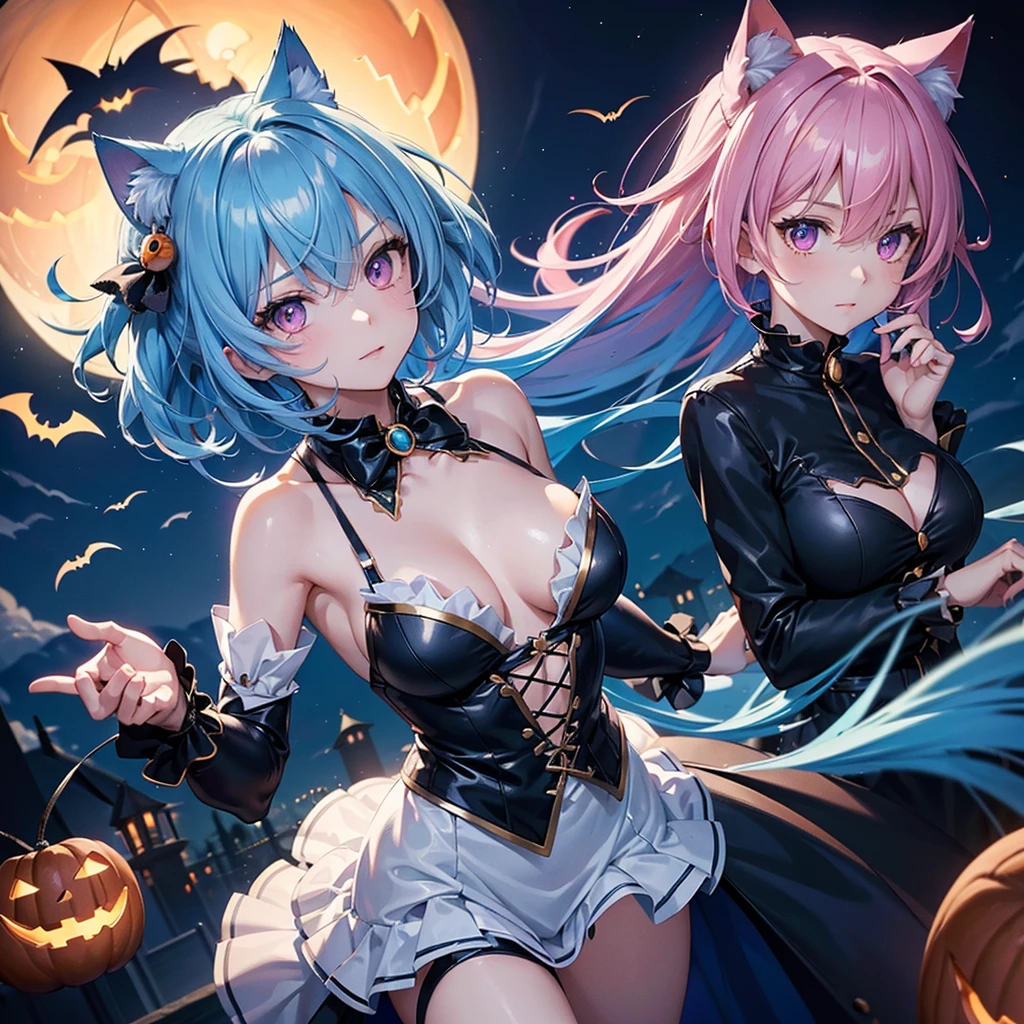 (Sky Blue Hair),(Medium Hair), (Pink Eyes),Fair skin) ,(whole body),(One Girl),(Crescent Moon),(There are many pumpkin ghosts in the background),Cat ear,(Cat costume),(Cat imitation),(Trick or Treat),Halloween Night Party),(masterpiece, Highest quality, Very detailed, Best Shadow), (Detailed Background), (Beautifully detailed face), High Contrast, (Best lighting, Very delicate and beautiful), ((Cinematic Light)), Hyper Detail,8k, Dramatic Light, Intricate details,night,Flying bats in the sky,