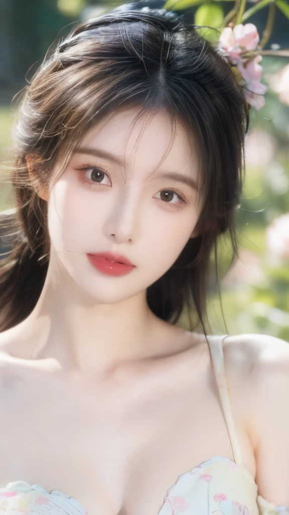 1 girl,Beautiful, Floral Pattern, Radiant Skin, Seductive gaze, Decorative clothing, Natural Lighting, Shallow to see deep, Romantic environment, Dreamy pastel tones, Peculiar details, Film shooting,(8K, original photo:1.2), best quality, Ultra-high resolution,CG Unity 8k Wallpaper,masterpiece,best quality,Very detailed