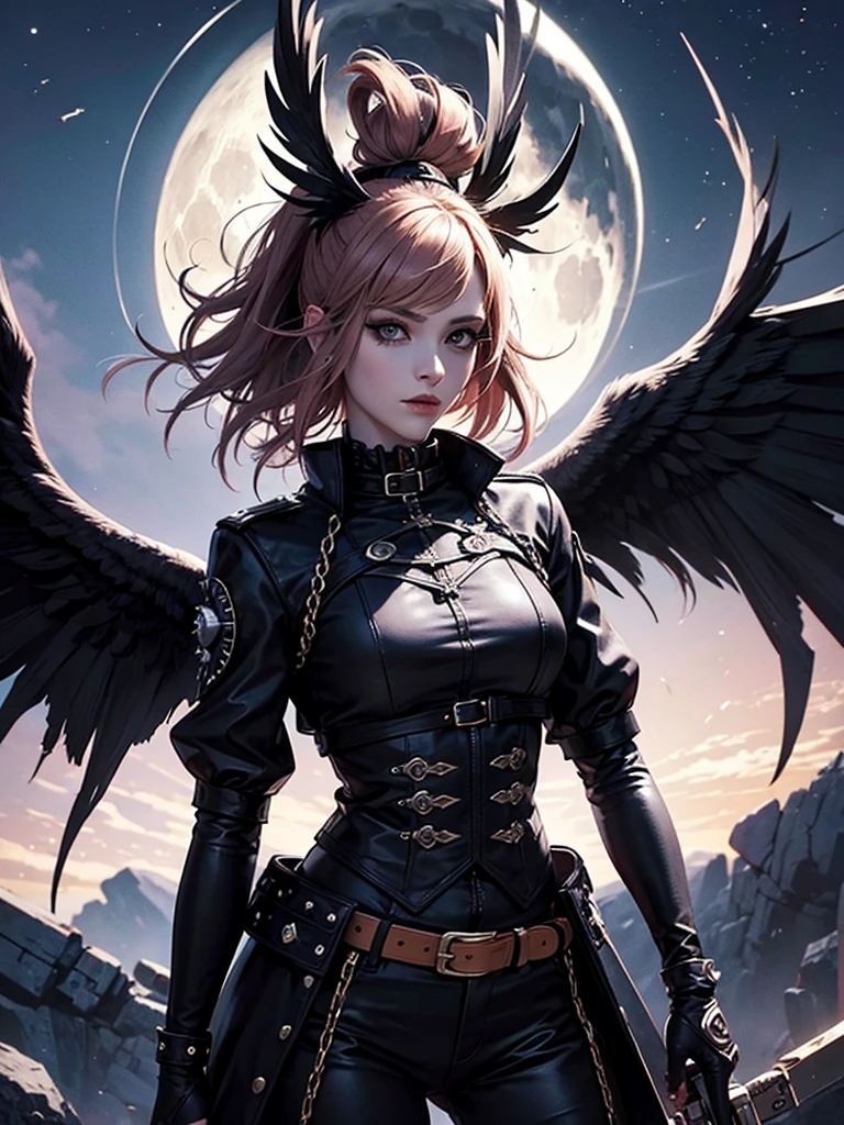 Dark harlequin with light hair and raven wings stands against the moon , Punk style