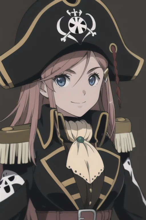 masterpiece, best quality, 1girl, detailed face and eyes, big breasts, cleavage, Katou Marika, (black pirate costume), long coat, belt, (black cargo pants), (black pirate hat), looking at the viewer, facing the viewer, (light smile),   (simple background), blurry background