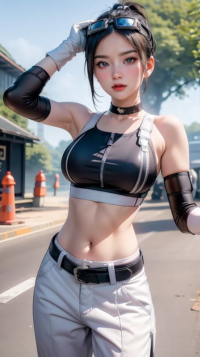 (masterpiece, best quality:1.2), 1girl, solo, Grace Howard, Grace Howard from Zenless Zone Zero, bare shoulders, black choker, black gloves, white gloves, black pants, ((black sports bra)), elbow gloves, ((goggles on head)), looking at viewer, low ponytail, medium , midriff, navel, parted lips, white gloves, zipper, belt
\