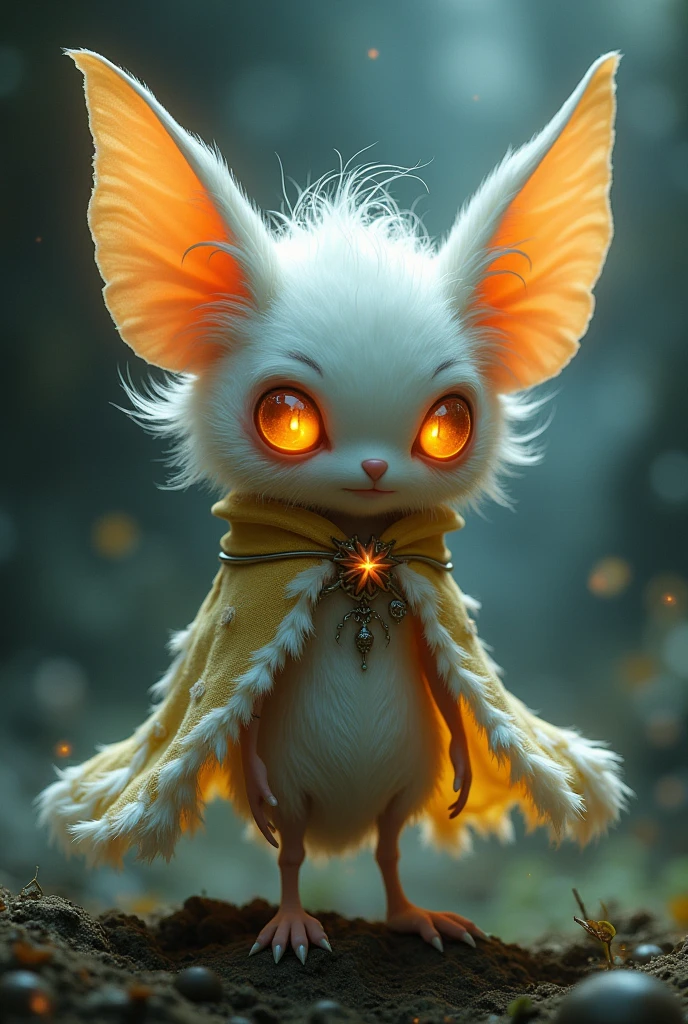 I want you to create a character for me that has the characteristics of the style of a video game called Hollow Knight that adopts a drawing style influenced by Tim Burton with the following words:
It is a moth that was a small creature shaped like a cocoon instead of a head..., covered with hairy feathers of a bright white color. His eyes had an orange glow that reflected like flashes of light., While his little sideburns and thin legs gave him an adorable appearance.. A faint aura of light enveloped him as if he were a faint cloud....
Who was wearing a cape??,The cape has a striking and unique appearance.. Made of feathers and essence., The cloak was woven with skill and precision...The colors and designs of the cape reflected the very essence of The Flash.., as well as the soft and smooth texture of its feathers.. Wrapping the wearer, The cape fit him perfectly and covered him completely..., like a second skin that protected him from darkness and infections.