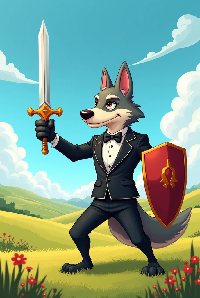Cartoon wolf wearing a toxido with plains background holding a shield on left hand and holding a diamond sword in right hand