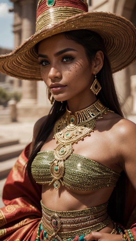 a beautiful woman wearing azteca outfit,  ((((high detailed skin)))), [[[freckles]]], 8k, sharp focus, 