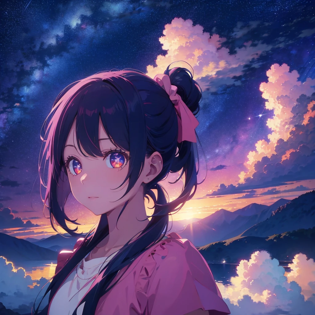 HD, 4K, with PINK ponytail, shining starry sky above the clouds