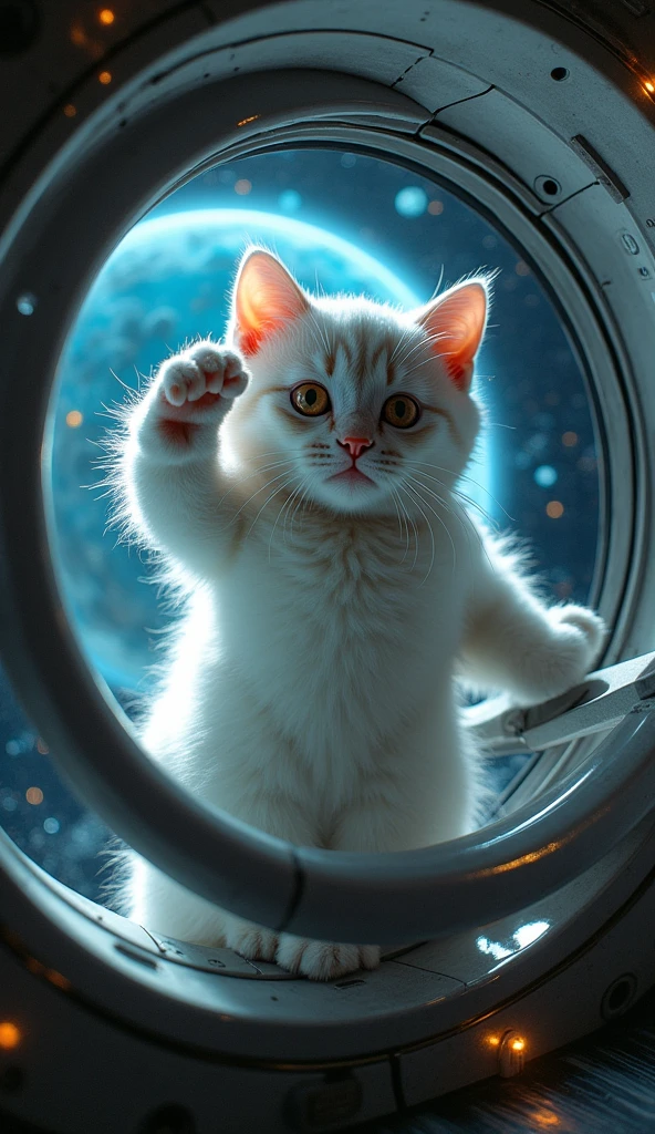 Photographic Ultra-Realism　((Vision))　Inside the spaceship　Through the glass３Space Cats　((multiple))　Is saluting　The background is space