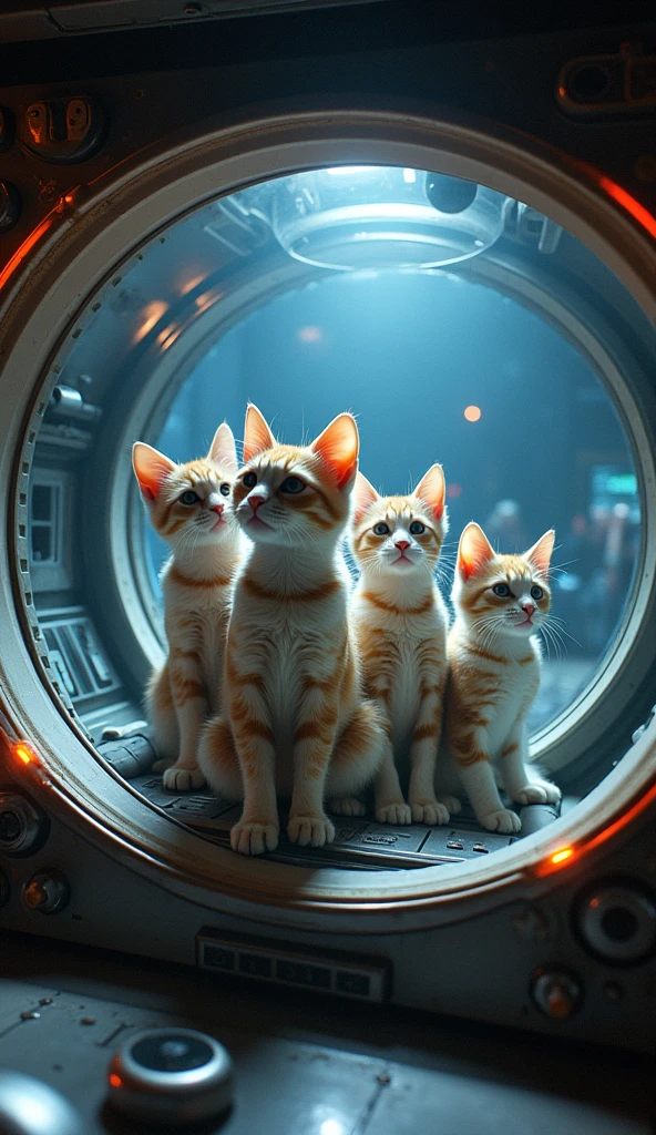 Photographic Ultra-Realism ((Vision)) Inside the spaceship Through the glass3Space Cats ((multiple)) Is saluting The background is space