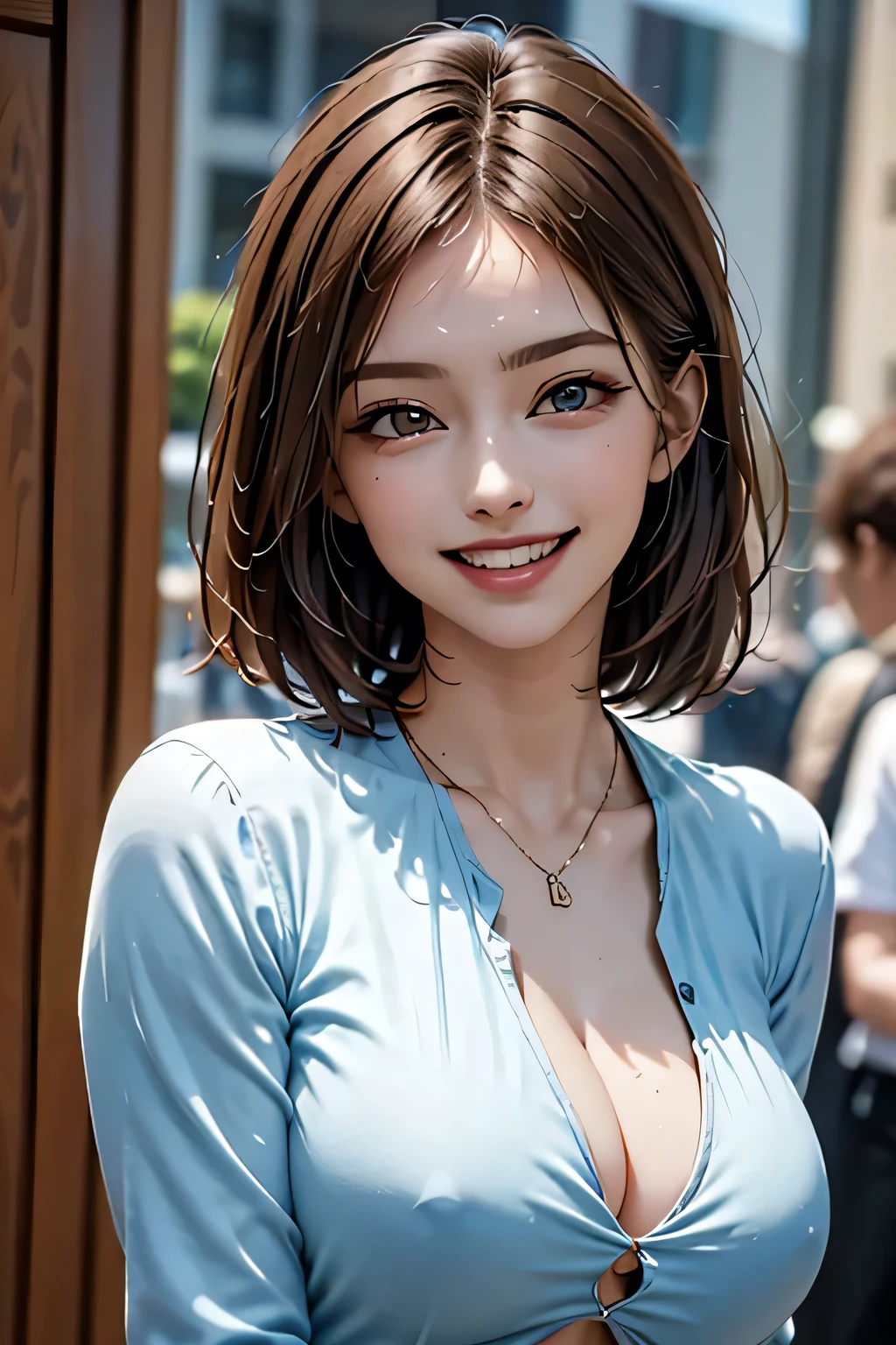 ((masterpiece)), ((Highest quality)), ((Complex)), ((Surreal)), (Realistic), (Mature Woman), ((There are no classes)), Very detailed, (1 female), Beautiful and exquisite, (Beautiful Teeth), Grin, Brunette bob hair, Brown eyes, ((blouse)), (Upper Body), (background:none), Perfect Eyes, Captivating eyes, Looking at the audience