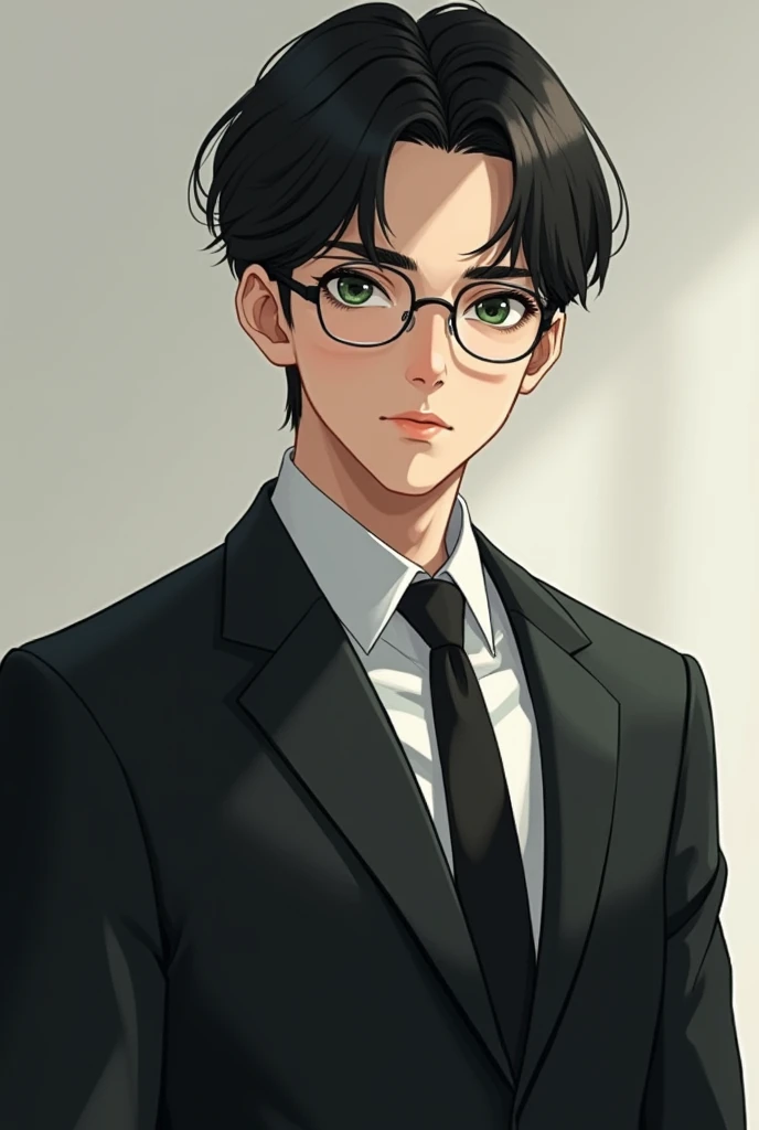 A male character , young, Without beard , with glasses and straight black hair, green eyes , dressed in suit