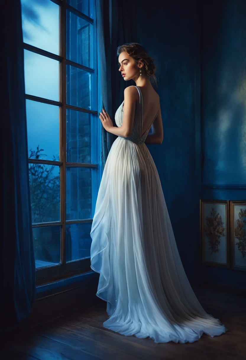 arafed woman in a dress standing in front of a window, a picture by Marie Bashkirtseff, shutterstock, romanticism, half-turned lady in evening gown, flowing gown, wearing a flowing dress, mysterious woman, haunting beautiful young woman, wearing a white flowing dress, flowing dress, woman in dress, extremely moody blue lighting, miss aniela