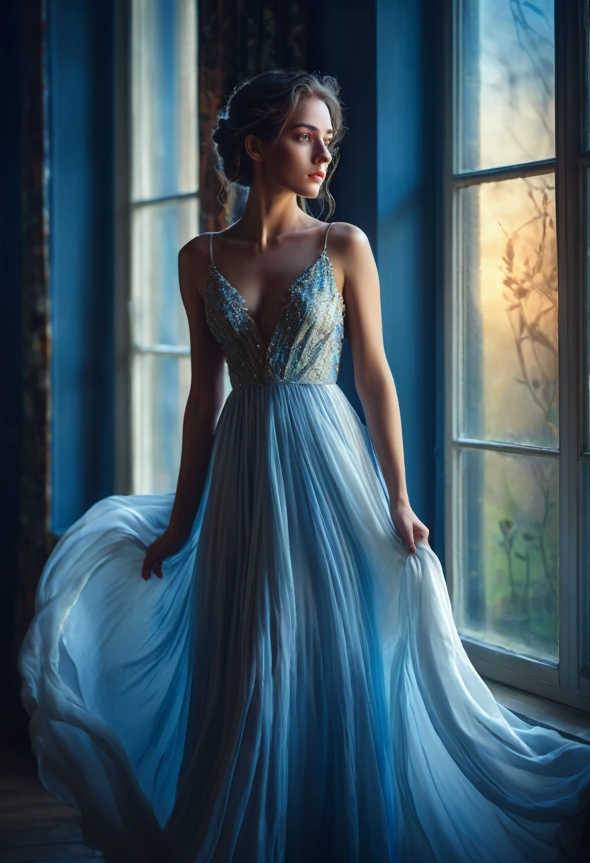 arafed woman in a dress standing in front of a window, a picture by Marie Bashkirtseff, shutterstock, romanticism, half-turned lady in evening gown, flowing gown, wearing a flowing dress, mysterious woman, haunting beautiful young woman, wearing a white flowing dress, flowing dress, woman in dress, extremely moody blue lighting, miss aniela