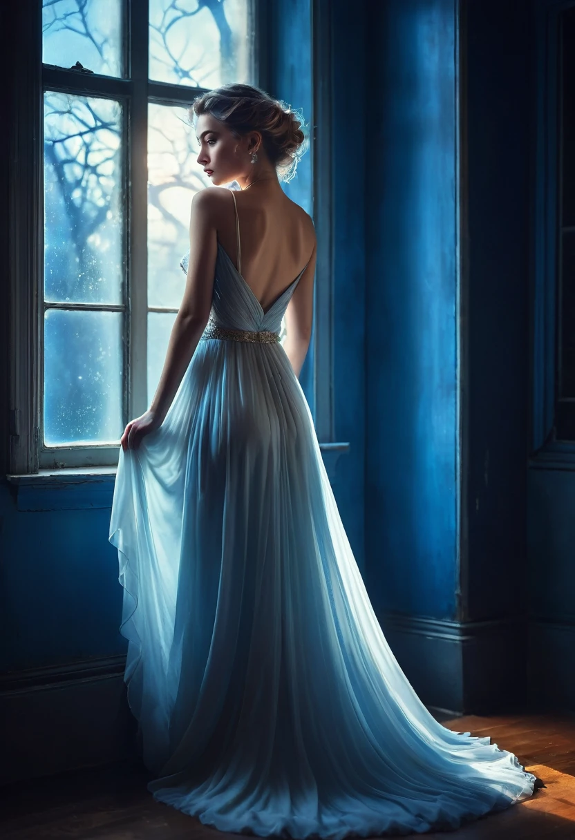 arafed woman in a dress standing in front of a window, a picture by Marie Bashkirtseff, shutterstock, romanticism, half-turned lady in evening gown, flowing gown, wearing a flowing dress, mysterious woman, haunting beautiful young woman, wearing a white flowing dress, flowing dress, woman in dress, extremely moody blue lighting, miss aniela