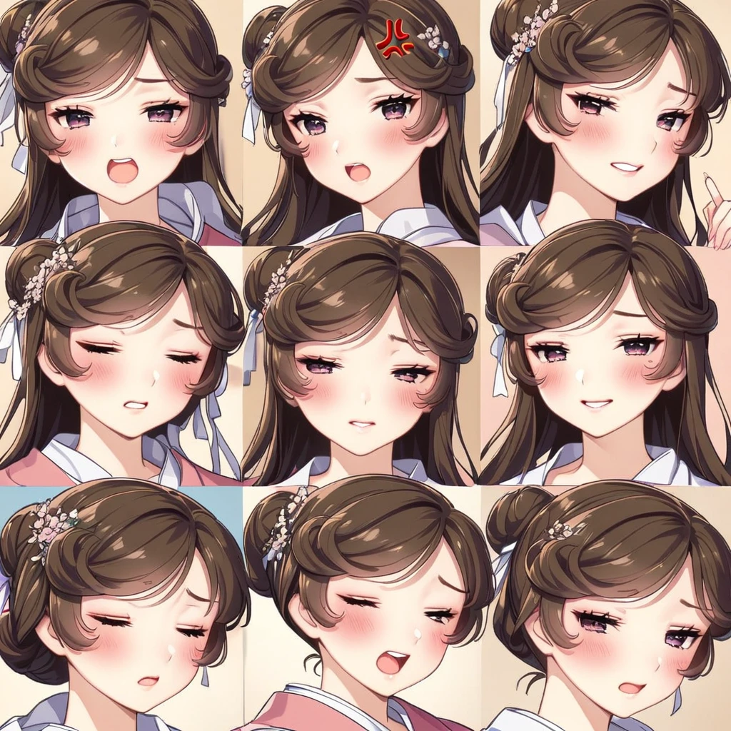 1 个cute的女孩，4 grids，4 emoji packs，4.Posture and expressions，sad，surprise，laughing out loud，anger，Suspect，Acting cute，cute，sleep，naughty，despise，Hanfu、Hair Bun、Hair accessories，Black stroke，Different emotions，8K