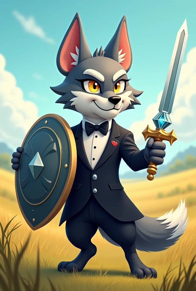 Cartoon wolf wearing a toxido with plains background holding a shield on left hand and holding a diamond sword in right hand 