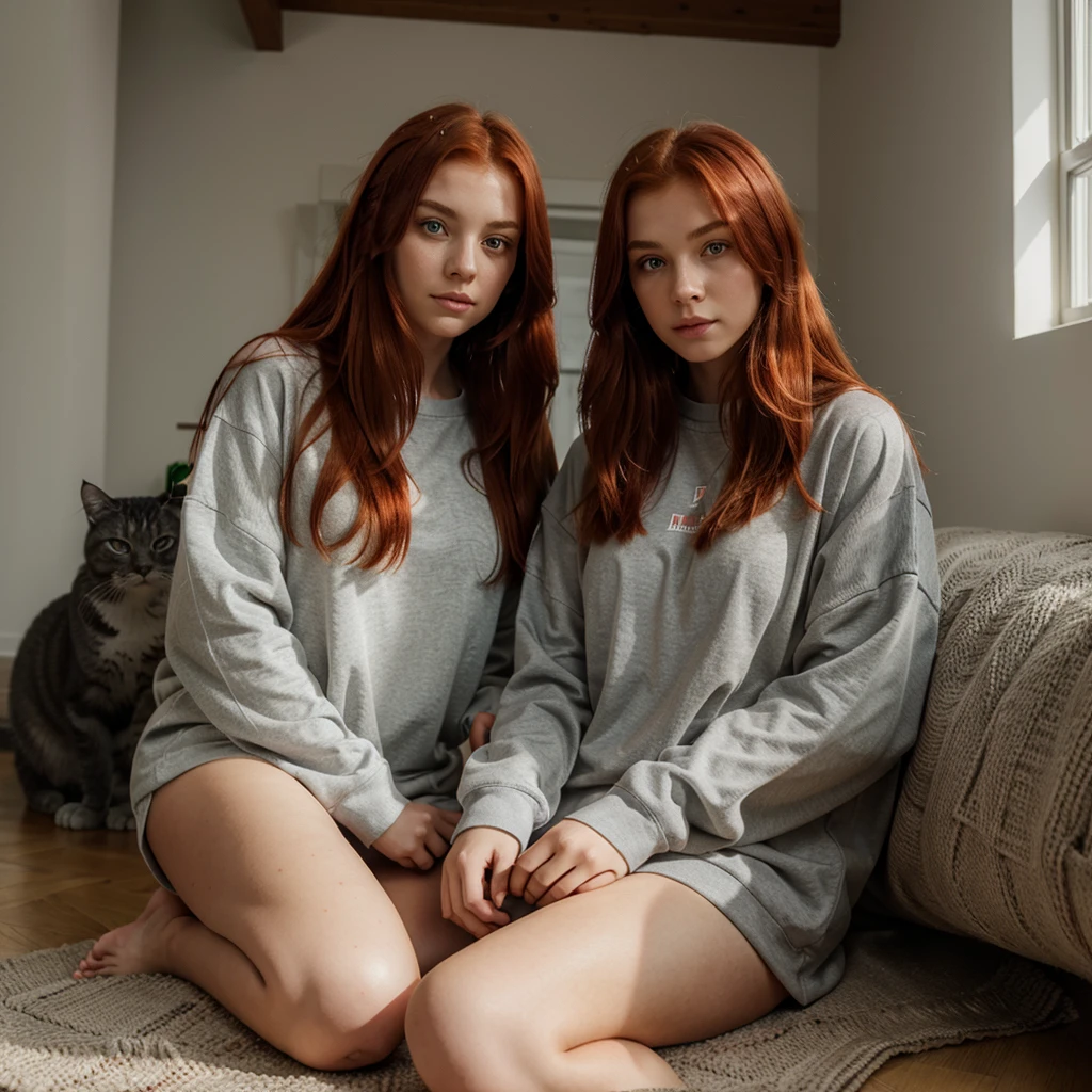 Beautiful red-haired girl of Slavic appearance in oversized clothes and a gray cat with green eyes sitting next to her