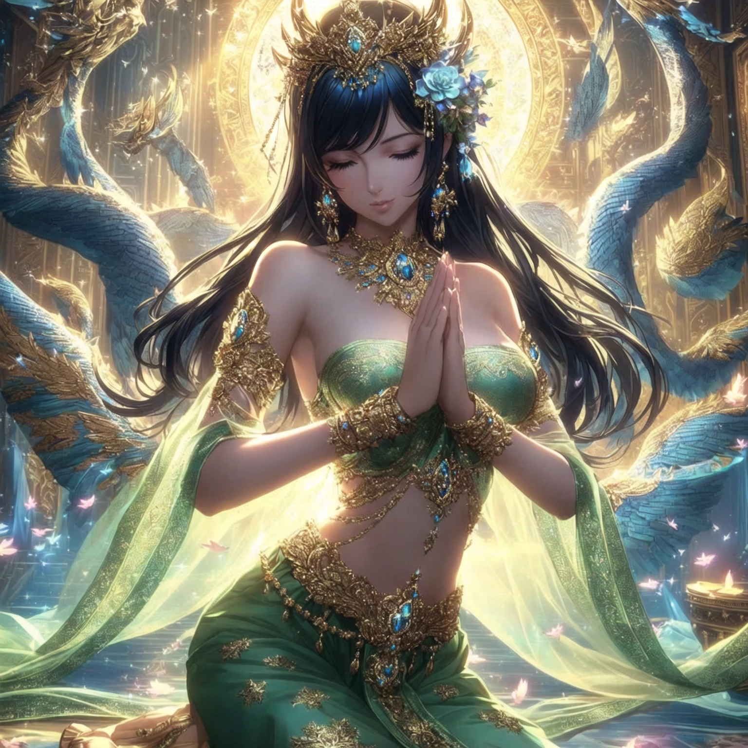 A woman in a blue dress sits on a rock and birds fly around her., Argerm Julie Bell Beeple, Beautiful Fantasy Empress, beautiful fantasy art, Goddess of love and peace, beautiful goddess, about beauty!!!!!! female devil, Ross Tran 8 g, Argerm's form, Fantasy art style, very beautiful fantasy art, A very detailed RTM pathogen.