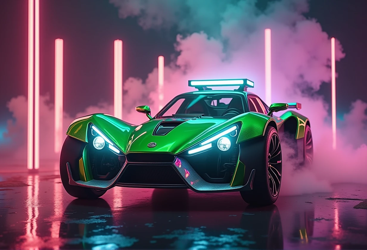front view, ultra realistic, of a green ariel nomad with headlights on, a light bar on the roof shining bright beams of white light , background of colorful smoke, 8k stunning artwork, vapor wave, neon smoke, hyper colorful, stunning art style, car with holographic paint, amazing wallpaper, futuristic art style, 8 k highly detailed, 4k phone wallpaper, inspired by Mike Winkelmann, ,H effect