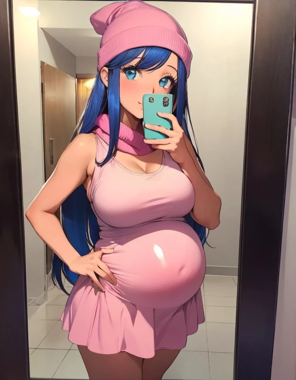 (best quality,4k,8k,highres,masterpiece:1.2),ultra-detailed,(realistic,photorealistic,photo-realistic:1.37)highres,portrait,beautiful pregnant girl,taking a selfie in a public bathroom mirror, full body,glossy reflection,\(pokemon\), beanie, long hair, blue hair, blue eyes, detailed eyes, beautiful eyes, black sleeveless shirt, pink scarf, pink skirt, pink boots, body shape, third trimester of pregnancy, down blouse,[metallic mirror],vibrant colors,soft lighting,hint of mystery,subtle smile,stylish outfit,impressive attention to facial details,expressive eyes,luscious lips,long eyelashes,shiny hair flowing down,urban backdrop,modern ambiance